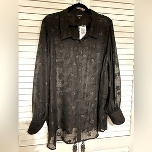 New Torrid 4X Sheer Sparkly Black Embroidered Star Button Down Blouse NWT